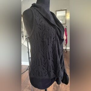 Takeout, Black Pointelle Knit Sweater Vest: Boho Ruffle Open Front Size Medium